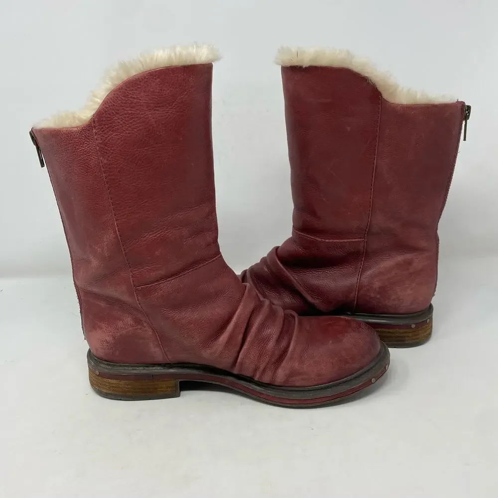 Naya Rook Snow Distressed Red Leather Faux Fur Lined Zip Womens Size 8.5